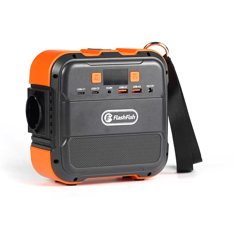 Left side view of FlashFish A101 portable power station with carrying strap