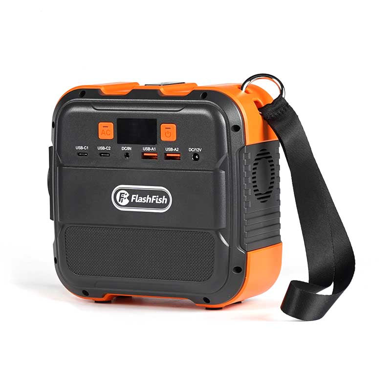 Right side view of FlashFish A101 portable power station with carrying strap