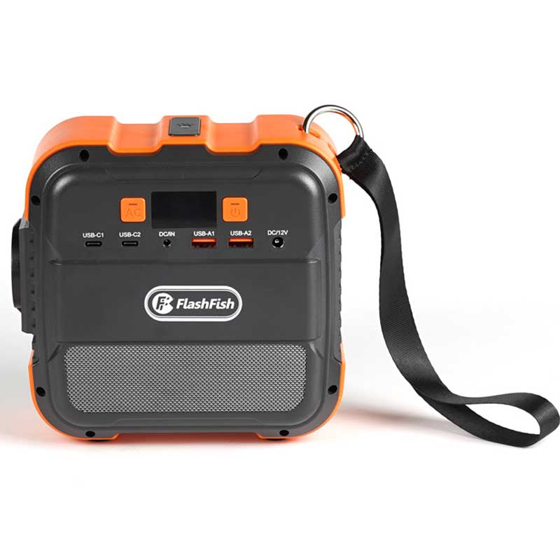 Front view of FlashFish A101 portable power station with carrying strap